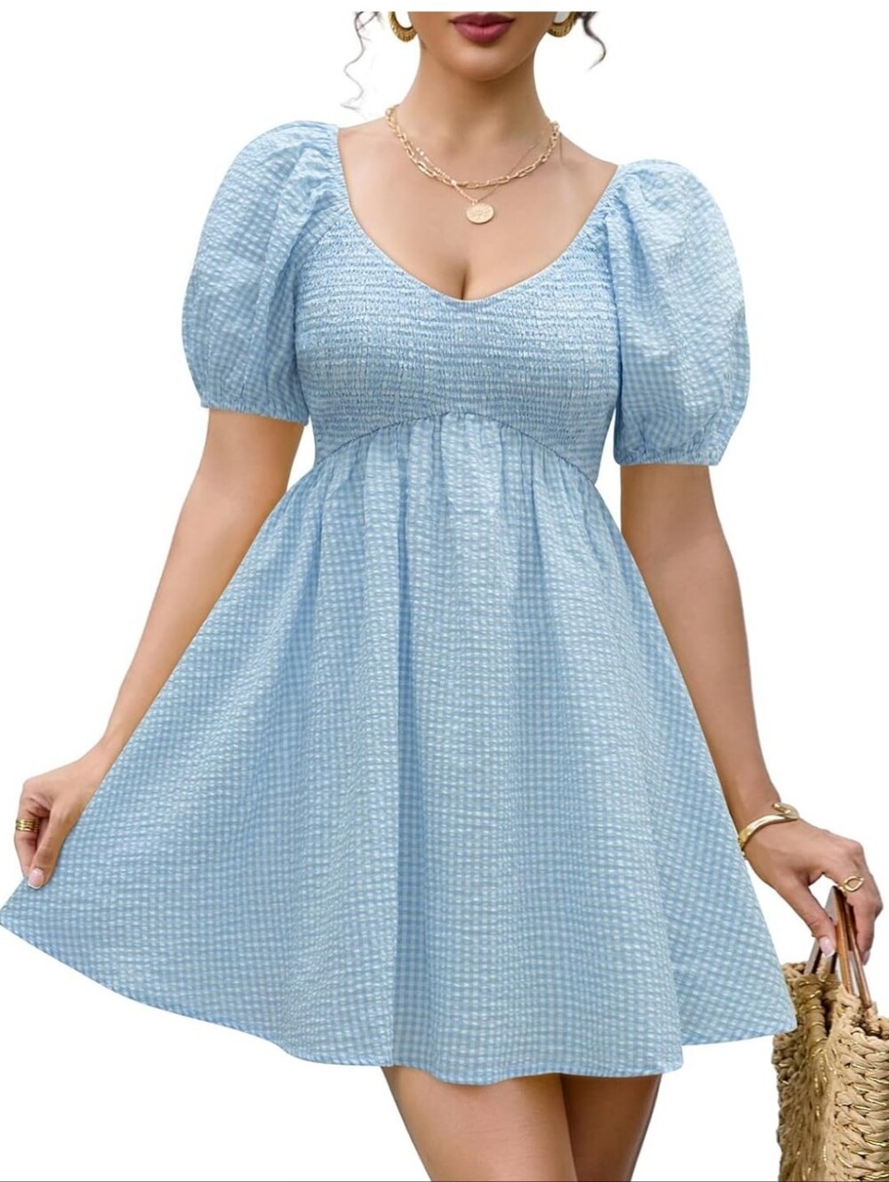 Smocked Puff Sleeve Mini Dress in Light Blue Plaid